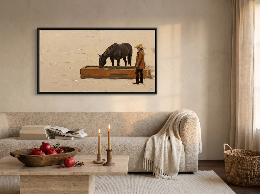 Cowgirl and Horse at the Trough Wide Wall Art — Original Palette-Knife Oil, Chocolate & Rust