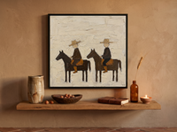 Two Riders on Horseback Wall Art — Original Palette-Knife Oil, Brown & Straw — original hand-painted oil shown on the wall in a styled room