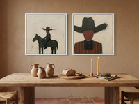 Rider & Cowboy — Set of 2 Original Oils, Olive & Oxblood — original hand-painted oil shown on the wall in a styled room