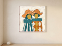 Two Ladies in Hats Wall Art — Original Palette-Knife Oil, Orange & Teal — original hand-painted oil shown on the wall in a styled room