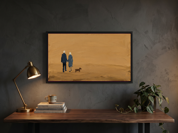 Couple Walking a Dog Wide Wall Art — Original Palette-Knife Oil, Golden Ochre & Navy