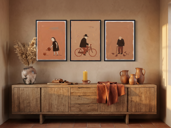 A Quiet Day Triptych — 3 Original Oils, Espresso & Terracotta