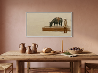 Cowgirl and Horse at the Trough Wide Wall Art — Original Palette-Knife Oil, Olive & Burnt Sienna — original hand-painted oil shown on the wall in a styled room