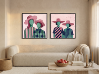Women in Hats, Two Pairs — Set of 2 Original Oils, Blush & Emerald — original hand-painted oil shown on the wall in a styled room