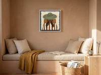 Lady in an Olive Hat Wall Art — Original Palette-Knife Oil, Olive & Rust — original hand-painted oil shown on the wall in a styled room