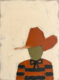 Heavy impasto oil portrait of a cowboy face-on under a large angular rust hat, an olive-grey blank face and a rust shirt, on a cream ground.