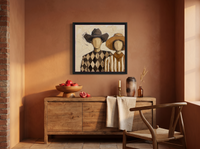 Cowboy & Cowgirl Wall Art — Original Palette-Knife Oil, Brown & Tan — original hand-painted oil shown on the wall in a styled room