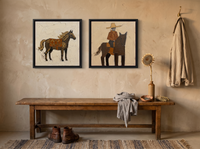 Standing Horse & Mounted Cowboy — Set of 2 Original Oils, Chocolate & Rust — original hand-painted oil shown on the wall in a styled room