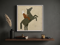 Rider on a Rearing Horse Wall Art — Original Palette-Knife Oil, Olive & Rust — original hand-painted oil shown on the wall in a styled room