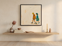 Couple Walking Together Wall Art — Original Pop-Colour Oil, Orange & Teal — original hand-painted oil shown on the wall in a styled room
