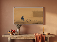 Pigeon Feeder at Dawn Wide Wall Art — Original Oil, Golden Ochre & Navy — original hand-painted oil shown on the wall in a styled room