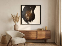 Dark Monolith Abstract Wall Art — Original Palette-Knife Oil, Black & Amber — original hand-painted oil shown on the wall in a styled room