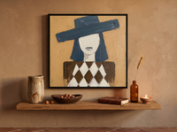 Woman in a Wide Hat Wall Art — Original Palette-Knife Oil, Teal & Ochre — original hand-painted oil shown on the wall in a styled room