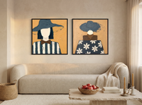 Hatted Woman, Front and Back — Set of 2 Original Oils, Slate Blue & Ochre — original hand-painted oil shown on the wall in a styled room