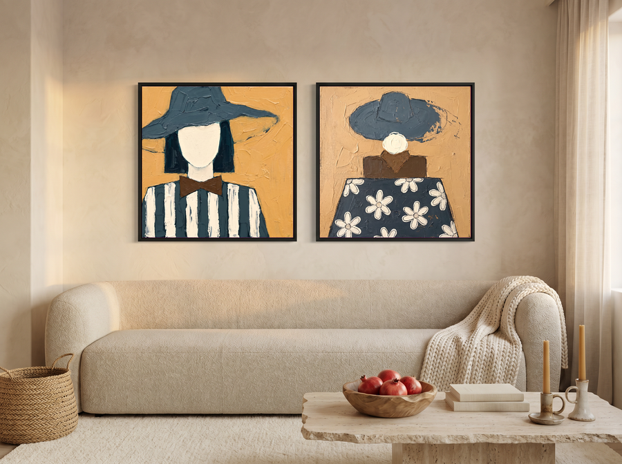 Hatted Woman, Front and Back — Set of 2 Original Oils, Slate Blue & Ochre