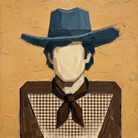Palette-knife oil of a front-facing cowboy in a slate navy-teal hat and brown shirt with a cream-and-taupe gingham front and a dark-brown neckerchief, on a golden ochre ground.