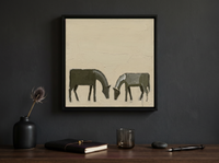 Two Grazing Horses Wall Art — Original Palette-Knife Oil, Olive & Grey — original hand-painted oil shown on the wall in a styled room