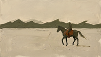 Original wide oil painting of a lone rider on a dark olive horse with a rust saddlebag below a low olive-grey mountain ridge, on an oat plain