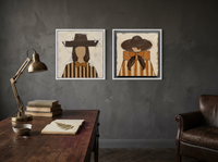 Cowgirls Turning Toward Each Other — Set of 2 Original Oils, Chocolate & Tan — original hand-painted oil shown on the wall in a styled room