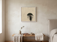 Woman Under a Black Umbrella Wall Art — Original Oil, Charcoal & Oxblood — original hand-painted oil shown on the wall in a styled room