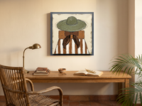 Lady in an Olive Hat Wall Art — Original Palette-Knife Oil, Olive & Rust — original hand-painted oil shown on the wall in a styled room