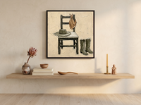 Cowboy Chair Still Life Wall Art — Original Palette-Knife Oil, Olive & Tan — original hand-painted oil shown on the wall in a styled room