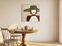 Lady in an Olive Hat Wall Art — Original Palette-Knife Oil, Olive & Oxblood — original hand-painted oil shown on the wall in a styled room
