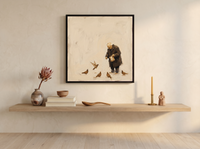Old Man Feeding Pigeons Wall Art — Original Palette-Knife Oil, Chocolate & Cream — original hand-painted oil shown on the wall in a styled room