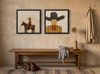 Rider & Cowboy — Set of 2 Original Oils, Chocolate & Rust — original hand-painted oil shown on the wall in a styled room