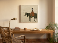 Braided Rider on Horseback Wall Art — Original Palette-Knife Oil, Olive & Rust — original hand-painted oil shown on the wall in a styled room