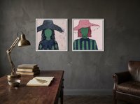 Two Women in Floppy Hats — Set of 2 Original Oils, Charcoal & Emerald — original hand-painted oil shown on the wall in a styled room