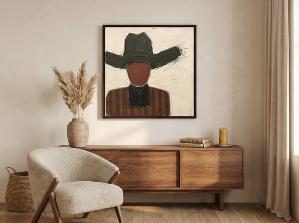 Cowboy in a Wide Hat Wall Art — Original Palette-Knife Oil, Charcoal & Oxblood