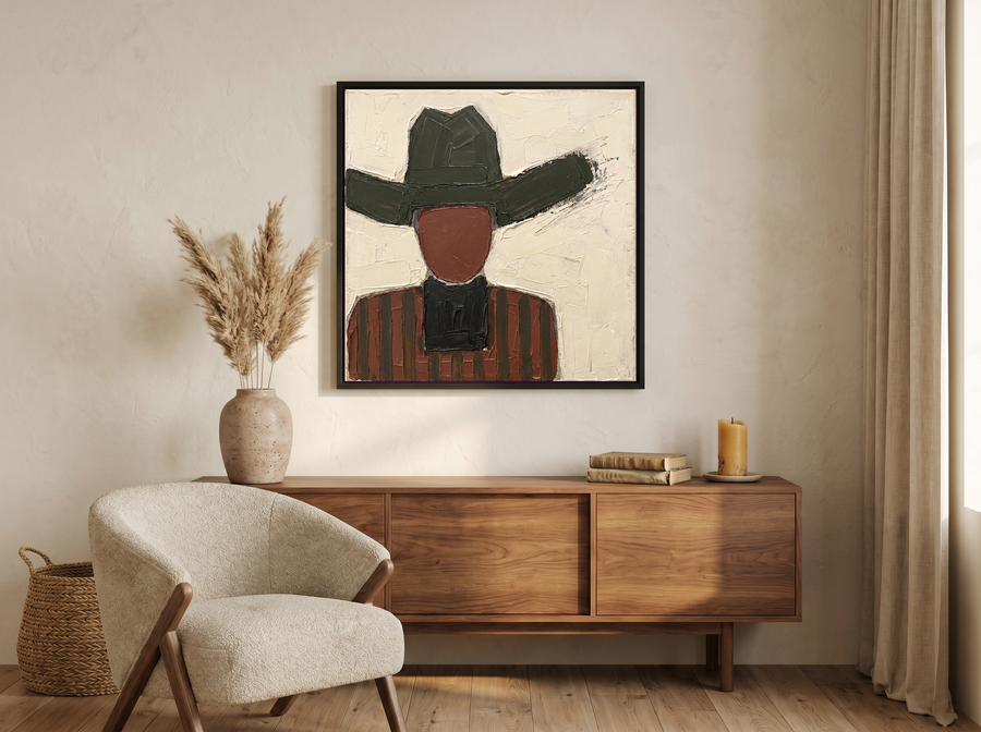 Cowboy in a Wide Hat Wall Art — Original Palette-Knife Oil, Charcoal & Oxblood