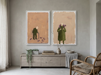 Pigeon-Feeder & Shepherd — Set of 2 Original Oils, Moss & Clay — original hand-painted oil shown on the wall in a styled room