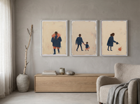 Quiet Tending Triptych — 3 Original Oils, Indigo & Coral — original hand-painted oil shown on the wall in a styled room