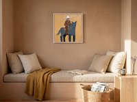 Cowgirl on Horseback Wall Art — Original Palette-Knife Oil, Slate & Ochre — original hand-painted oil shown on the wall in a styled room