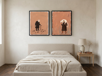 Pigeon-Feeder & Shepherd — Set of 2 Original Oils, Espresso & Terracotta — original hand-painted oil shown on the wall in a styled room