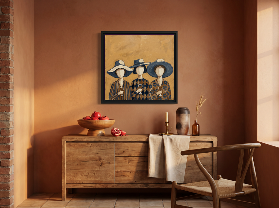 Three Women in Hats Wall Art — Original Palette-Knife Oil, Ochre & Navy