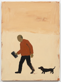 Oil painting of a man in a burnt-orange coat riding a bicycle to the left, the wheels two dark circles, on a soft cream ground.
