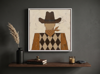 Harlequin Cowboy Wall Art — Original Palette-Knife Oil, Brown & Tan — original hand-painted oil shown on the wall in a styled room