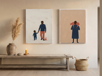 Father & Child with Shepherd — Set of 2 Original Oils, Indigo & Coral — original hand-painted oil shown on the wall in a styled room