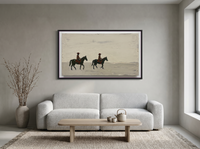 Two Riders at Dusk Wide Canvas — Original Palette-Knife Oil, Oxblood & Grey — original hand-painted oil shown on the wall in a styled room