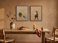 Father & Child with Woman & Bouquet — Set of 2 Original Oils, Moss & Clay — original hand-painted oil shown on the wall in a styled room