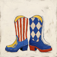 Original oil painting of a pair of cobalt-blue cowboy boots with yellow toes, one shaft red-striped and one with a blue and cream diamond harlequin, on a white-cream ground