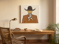 Cowboy from Behind Wall Art — Original Palette-Knife Oil, Brown & Cream — original hand-painted oil shown on the wall in a styled room
