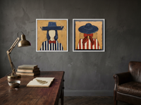 Cowgirls Turning Toward Each Other — Set of 2 Original Oils, Navy & Vermilion — original hand-painted oil shown on the wall in a styled room