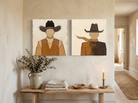 Cowboy Pair, Front & Back — Set of 2 Original Oils, Rust & Chocolate — original hand-painted oil shown on the wall in a styled room