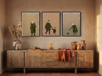Quiet Tending Triptych — 3 Original Oils, Moss & Clay — original hand-painted oil shown on the wall in a styled room