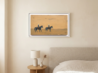 Two Riders on Ochre Wide Canvas — Original Palette-Knife Oil, Golden Ochre & Slate Blue — original hand-painted oil shown on the wall in a styled room