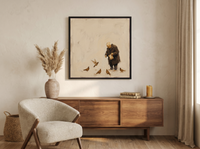 Old Man Feeding Pigeons Wall Art — Original Palette-Knife Oil, Chocolate & Cream — original hand-painted oil shown on the wall in a styled room